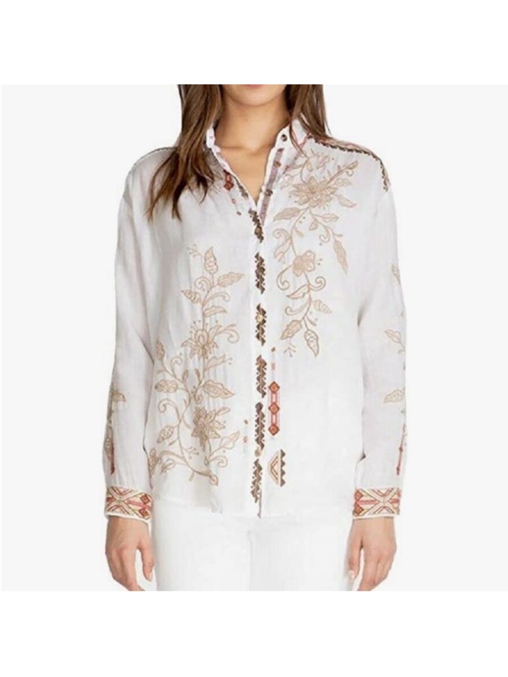 Johnny Was White Button-Down Shirt With Beige Floral Embroidery